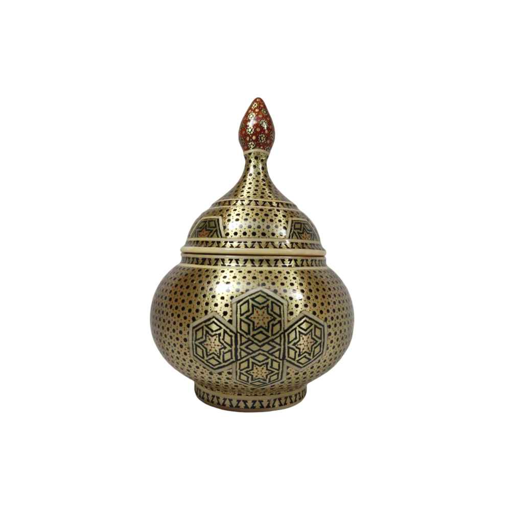 Sucrier persan artisanal en cuivre décoré avec l'art de la marqueterie Khatam Ghandoon