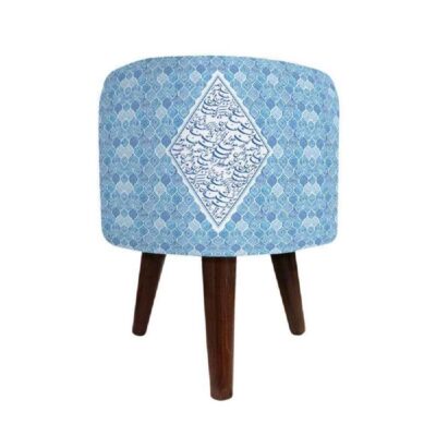 Pouf rond en velours avec pieds en bois inspiré de l’art persan bleu Calligraphie