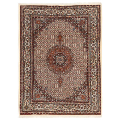 Tapis en soie persan noué à la main original à Golabetoon Riz Mahi brun