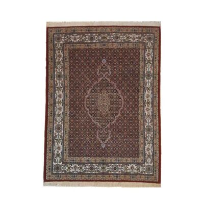 Tapis persan authentique avec soie noué à la main Riz Mahi rouge