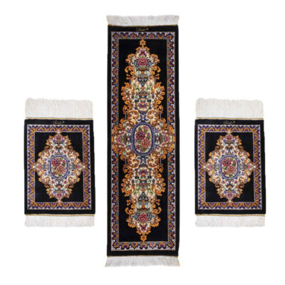 Chemin de Table en Soie Noué à la Main Thème Tapis Persan Bleu Marine