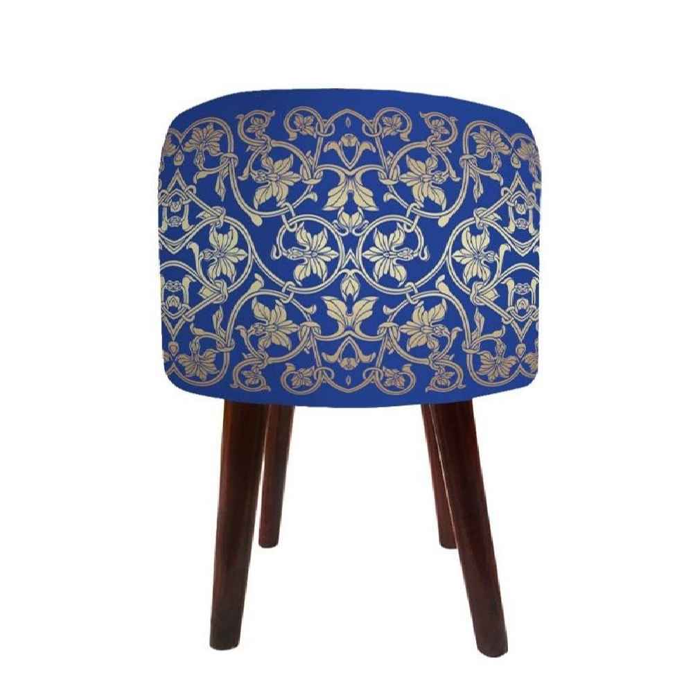 Pouf rond en velours avec pieds en bois inspiré de l'art persan bleu Borna