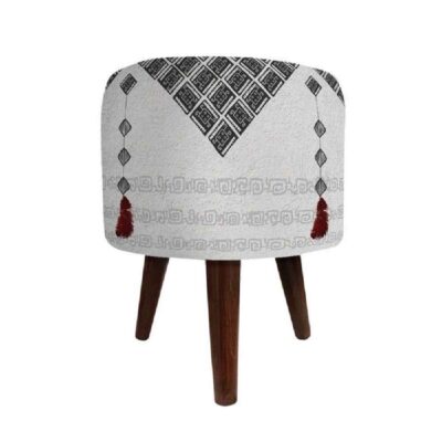 Pouf rond en velours avec pieds en bois inspiré de l’art persan gris Par