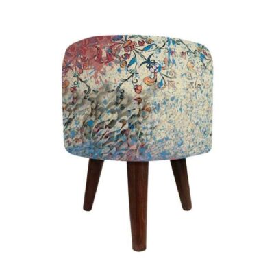 Pouf rond en velours avec pieds en bois inspiré de l’art persan gris Patina