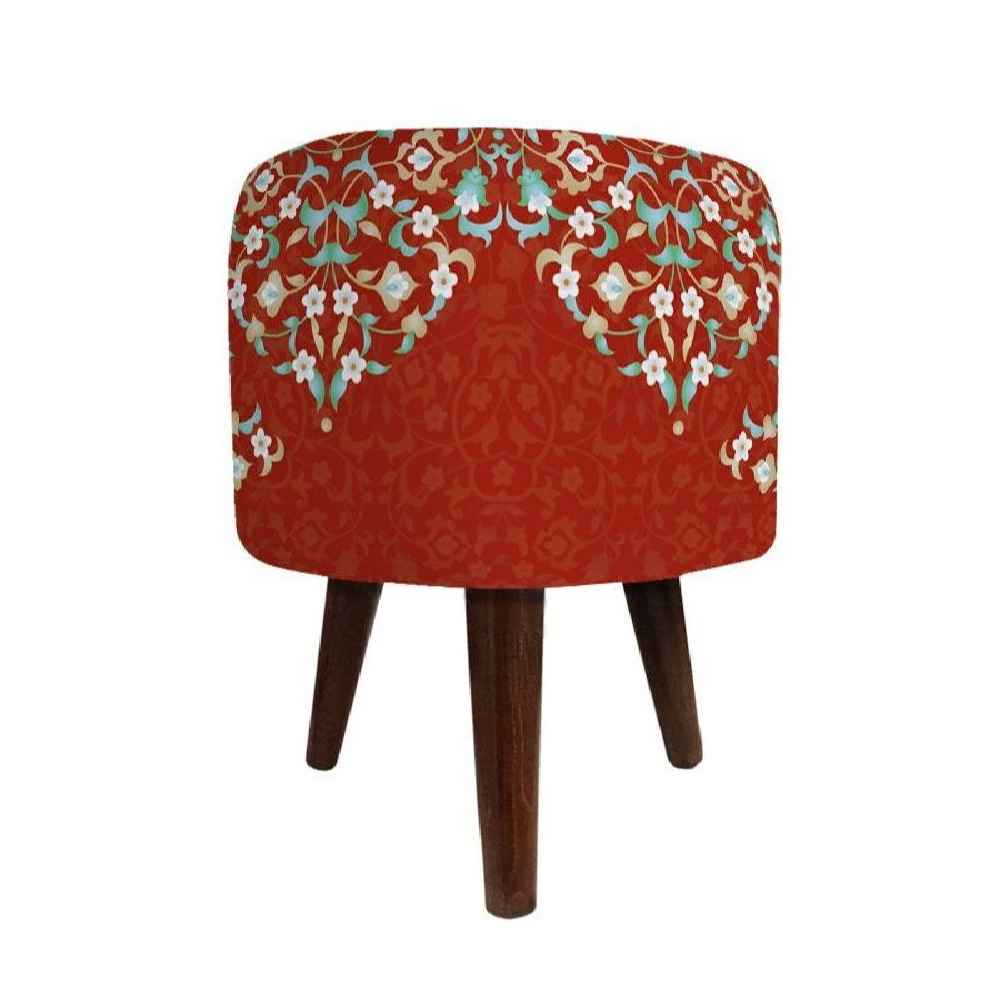 Pouf rond en velours avec pieds en bois inspiré de l'art persan rouge Sorkhab