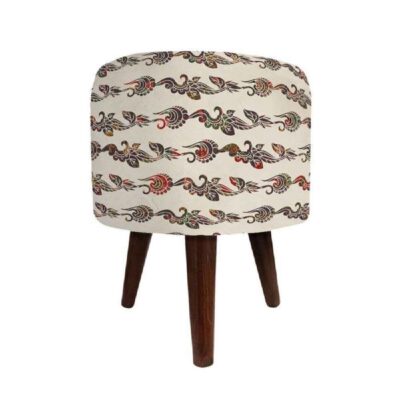 Pouf rond en velours avec pieds en bois inspiré de l’art persan blanc Tamana