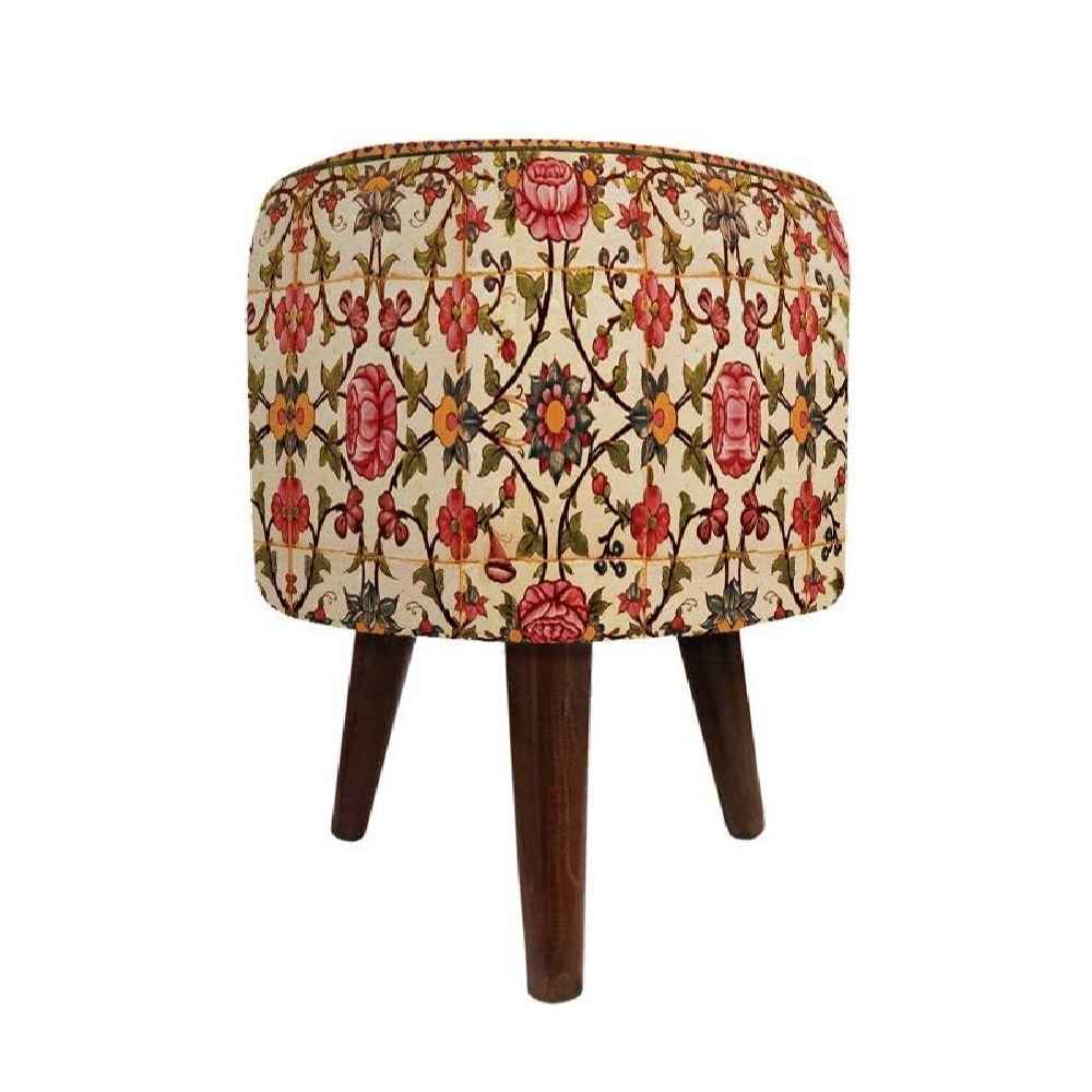 Pouf rond en velours avec pieds en bois inspiré de l'art persan crème Tile