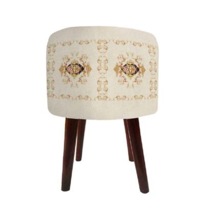 Pouf rond en velours avec pieds en bois inspiré de l’art persan crème Golabetoon