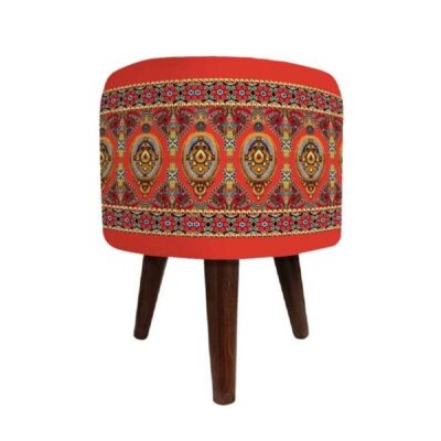 Pouf rond en velours avec pieds en bois inspiré de l’art persan orange Nahal