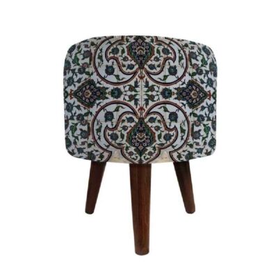 Pouf rond en velours avec pieds en bois inspiré de l’art persan gris Nazanin