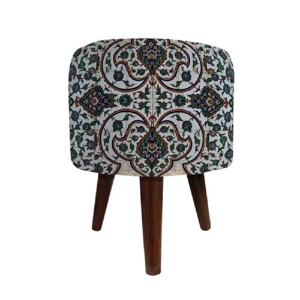 Pouf rond en velours avec pieds en bois inspiré de l'art persan gris Nazanin