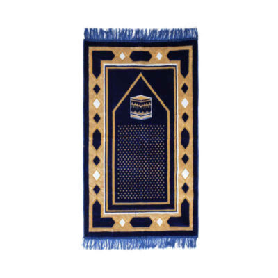 Tapis de Prière Islamique Rembourré en Velours Bleu avec Motif Kaaba pour Musulmans