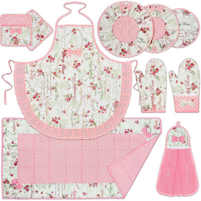 Ensemble de Tablier de Cuisine Floral Rose 10 Pièces Modèle Fama
