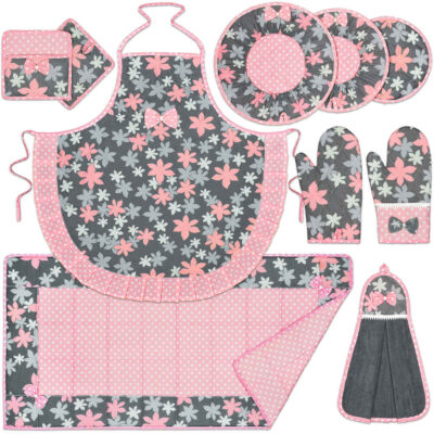 Ensemble de Tablier de Cuisine Floral Rose 10 Pièces Modèle Ravella
