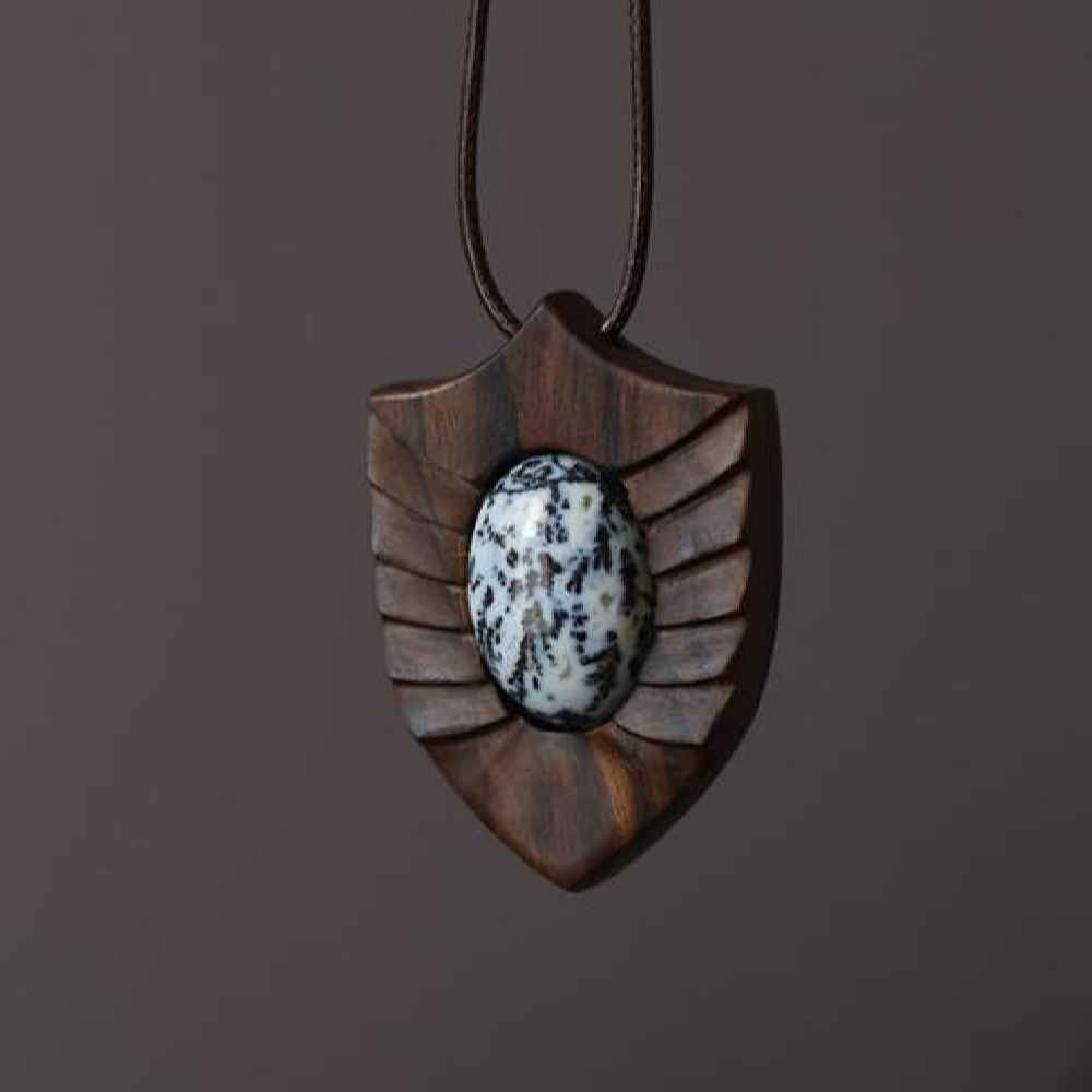Pendentif en bois sculpté avec pierre Agate fait main artistique Toranj