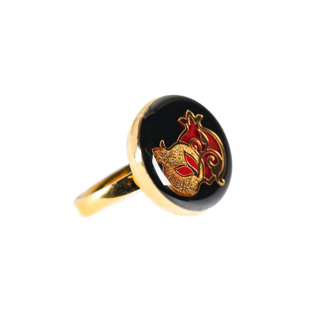 Bague Chevalière en Acier avec Agate Recouvert de Résine et Symbole Grenade Plaqué Or
