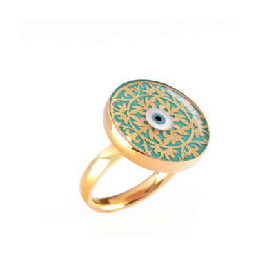 Bague Chevalière en Acier avec Turquoise Recouvert de Résine et Symbole Œil Malin Plaqué Or