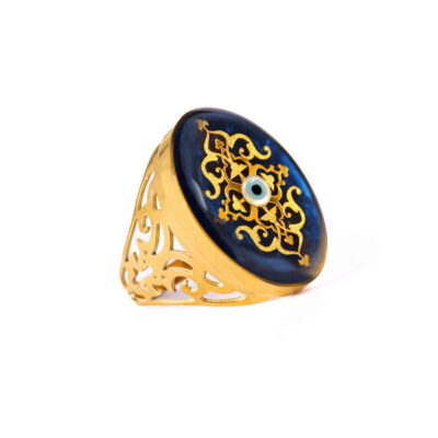 Bague Chevalière en Acier avec Onyx Recouvert de Résine et Symbole Œil Malin Plaqué Or