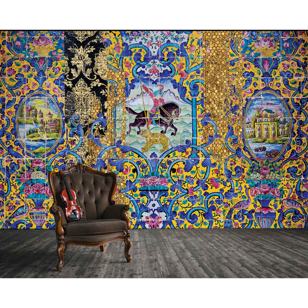 Fresque murale traditionnelle persane bleue modèle Cheval pour intérieurs modernes