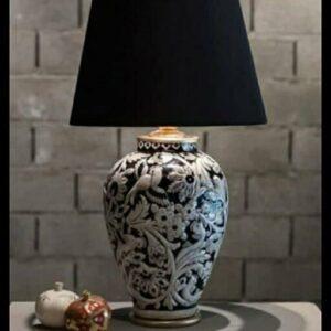 Lampe de table vase en céramique faite main avec abat-jour en tissu modèle Floral