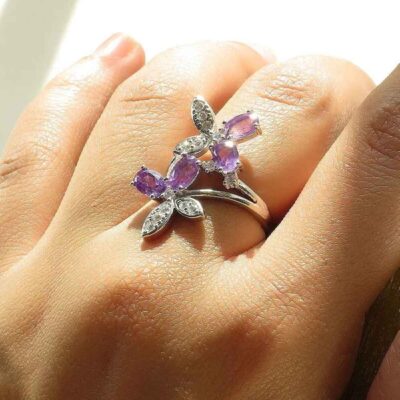 Bague en argent avec améthyste pour femmes Papillon