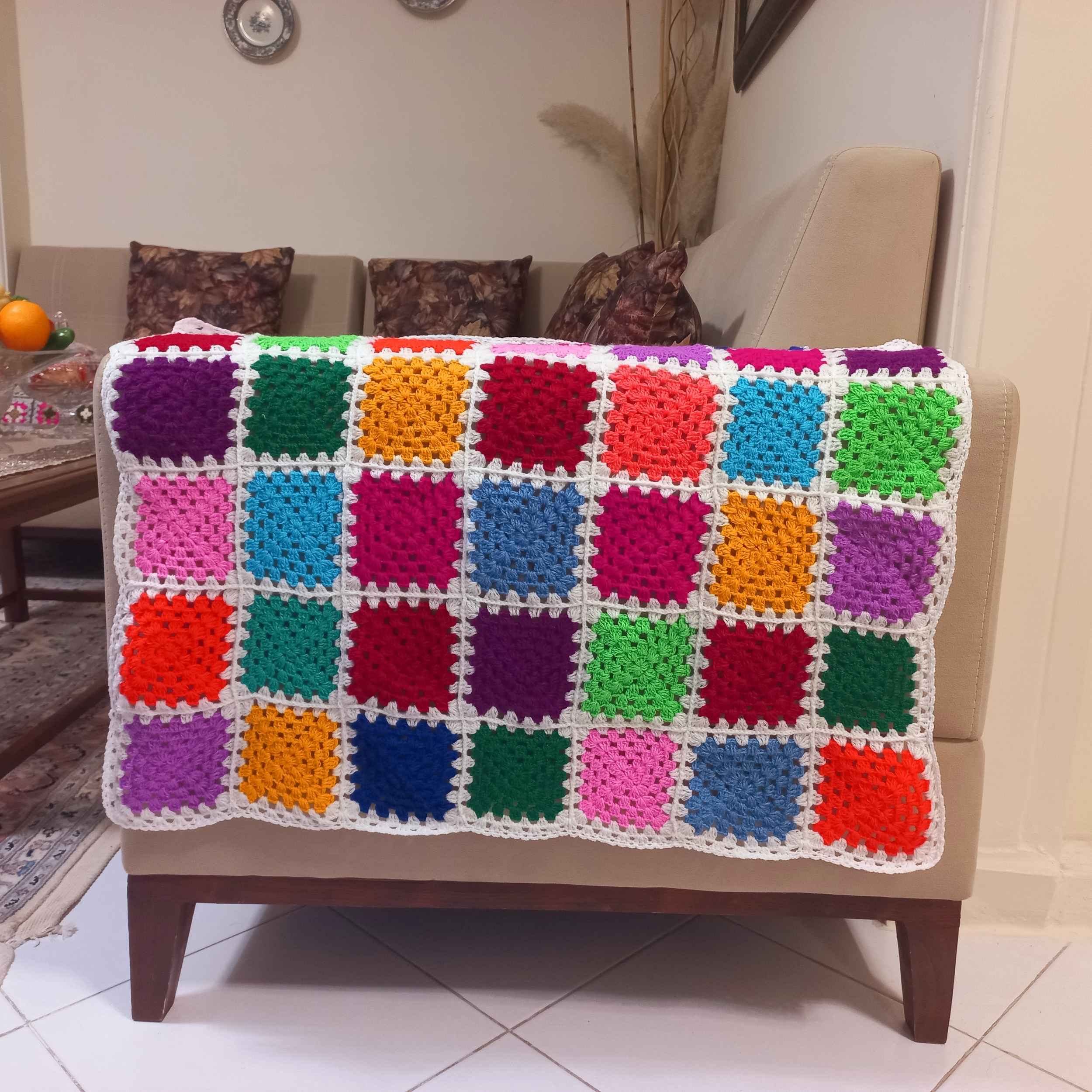 Plaid au crochet pour canapé et lit motif bohème à carreaux Shahin