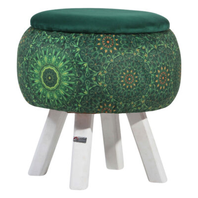 Pouf rond en velours avec pieds en bois inspiré de l’art persan vert Bahador