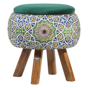 Pouf rond en velours avec pieds en bois inspiré de l’art persan vert Emad