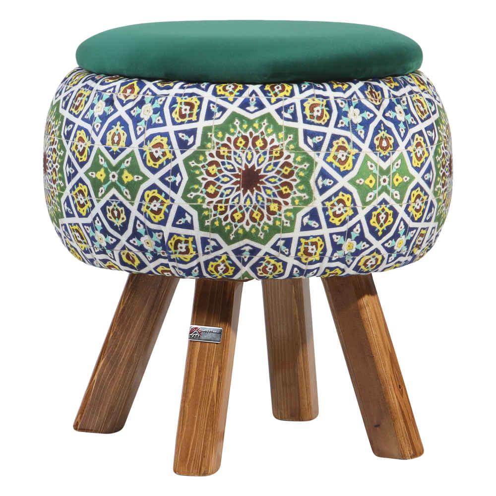 Pouf rond en velours avec pieds en bois inspiré de l'art persan vert Emad