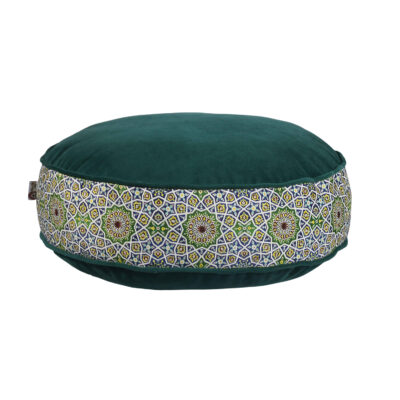 Pouf boho rond en velours inspiré de l’art persan vert Haleh