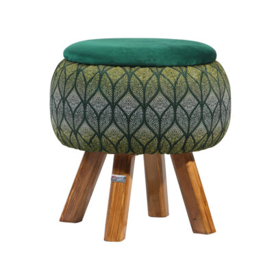Pouf rond en velours avec pieds en bois inspiré de l’art persan vert Naghme
