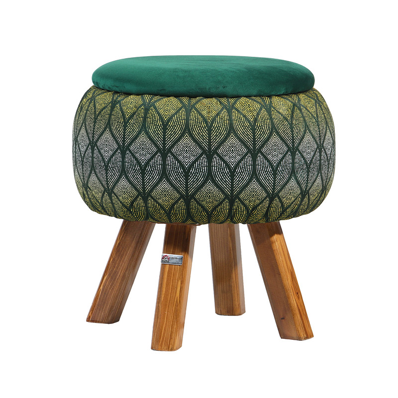 Pouf rond en velours avec pieds en bois inspiré de l'art persan vert Naghme