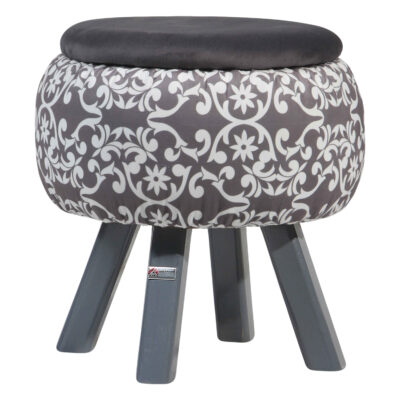 Pouf rond en velours avec pieds en bois inspiré de l’art persan gris Dorsa