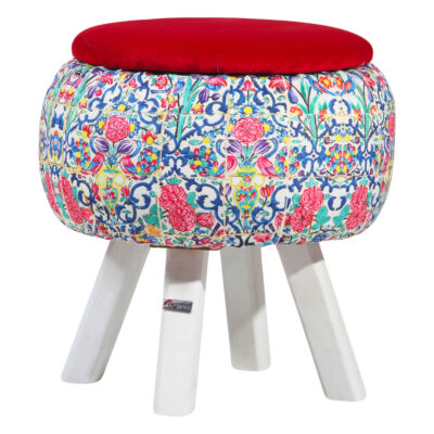 Pouf rond en velours avec pieds en bois inspiré de l’art persan bordeaux Hanife