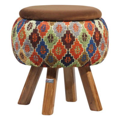 Pouf rond en velours avec pieds en bois inspiré de l’art persan marron Mahta