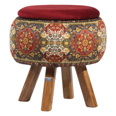 Pouf rond en velours avec pieds en bois inspiré de l’art persan bordeaux Nastaran