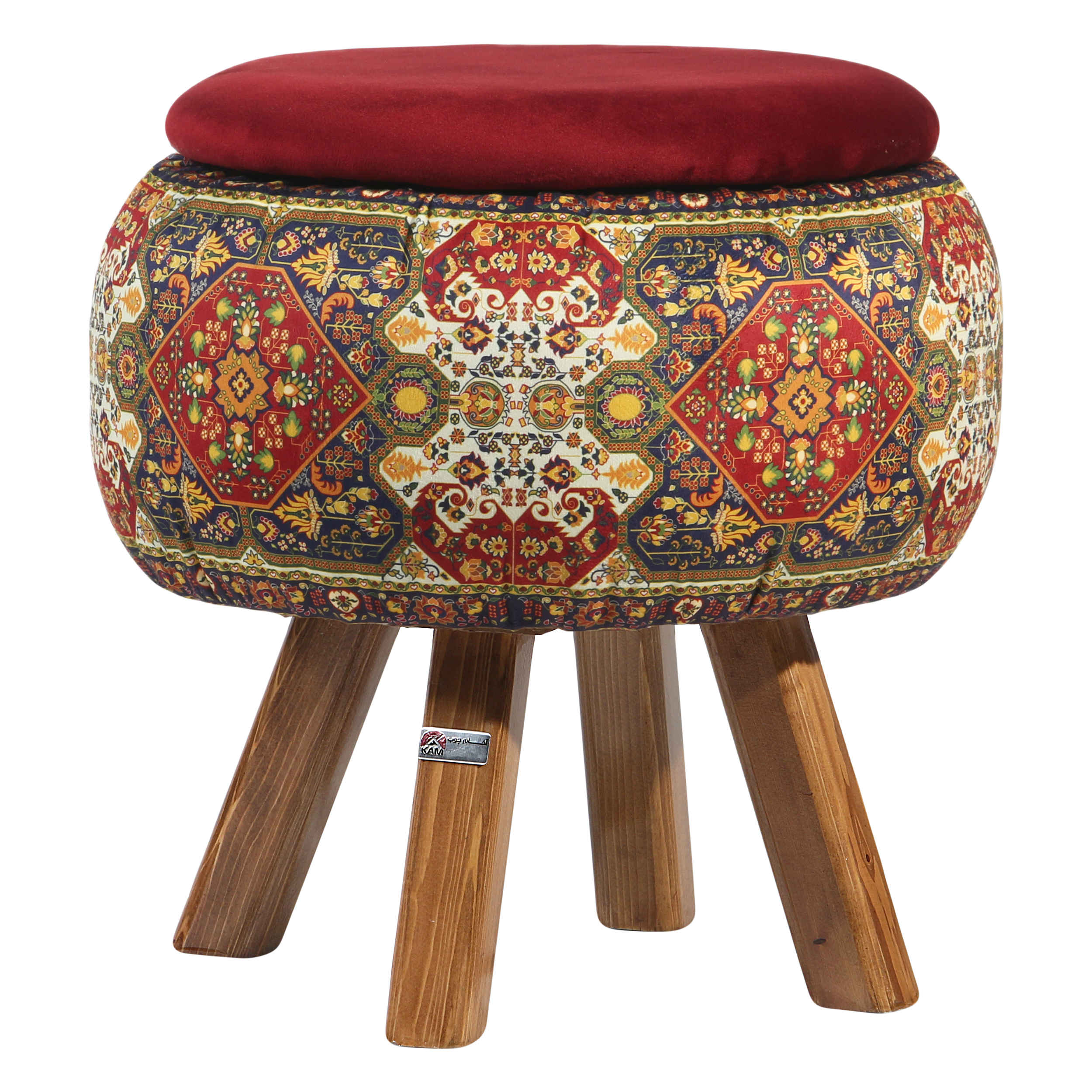 Pouf rond en velours avec pieds en bois inspiré de l'art persan bordeaux Nastaran