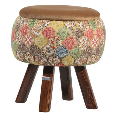 Pouf rond en velours avec pieds en bois inspiré de l’art persan marron Negar