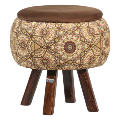 Pouf rond en velours avec pieds en bois inspiré de l’art persan marron Raha
