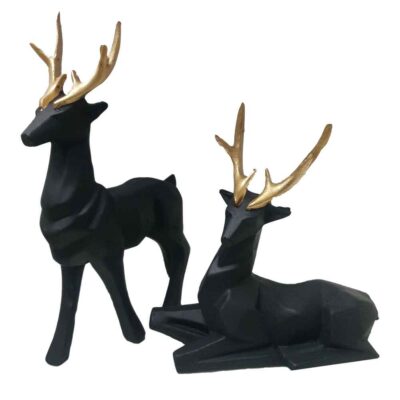 Ensemble de 2 figurines géométriques de cerf cubisme en polyester noir – Artistique