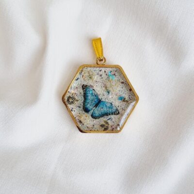 Pendentif Collier Résine Femme Artisanal Papillon Bleu