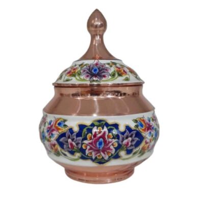 Sucrier persan artisanal en cuivre avec couvercle – Émail Minakari Behesht