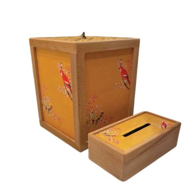 Ensemble corbeille et boîte à mouchoirs en bois – Modèle Perroquet
