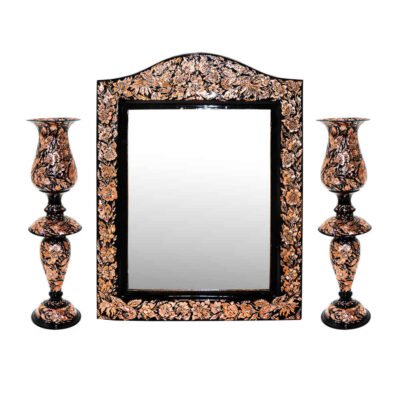 Ensemble miroir et bougeoirs gravés en cuivre persan – Design Roi