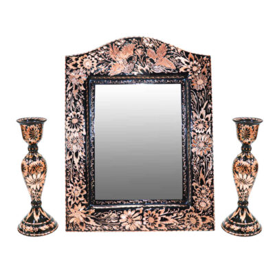 Ensemble miroir et bougeoirs gravés en cuivre persan – Design Elham