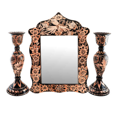 Ensemble miroir et bougeoirs gravés en cuivre persan – Design Sheida