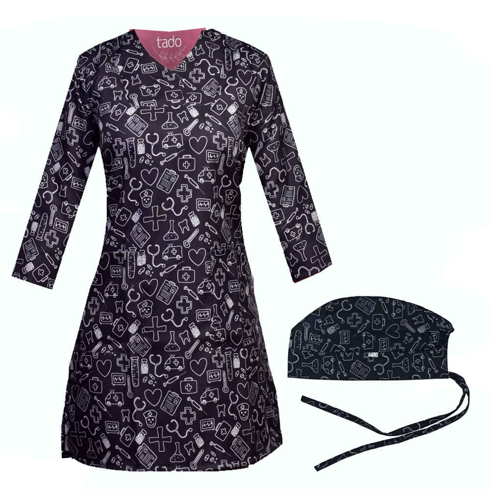 Blouse médicale noire pour femme et ensemble de bonnet – Coordonné et élégant