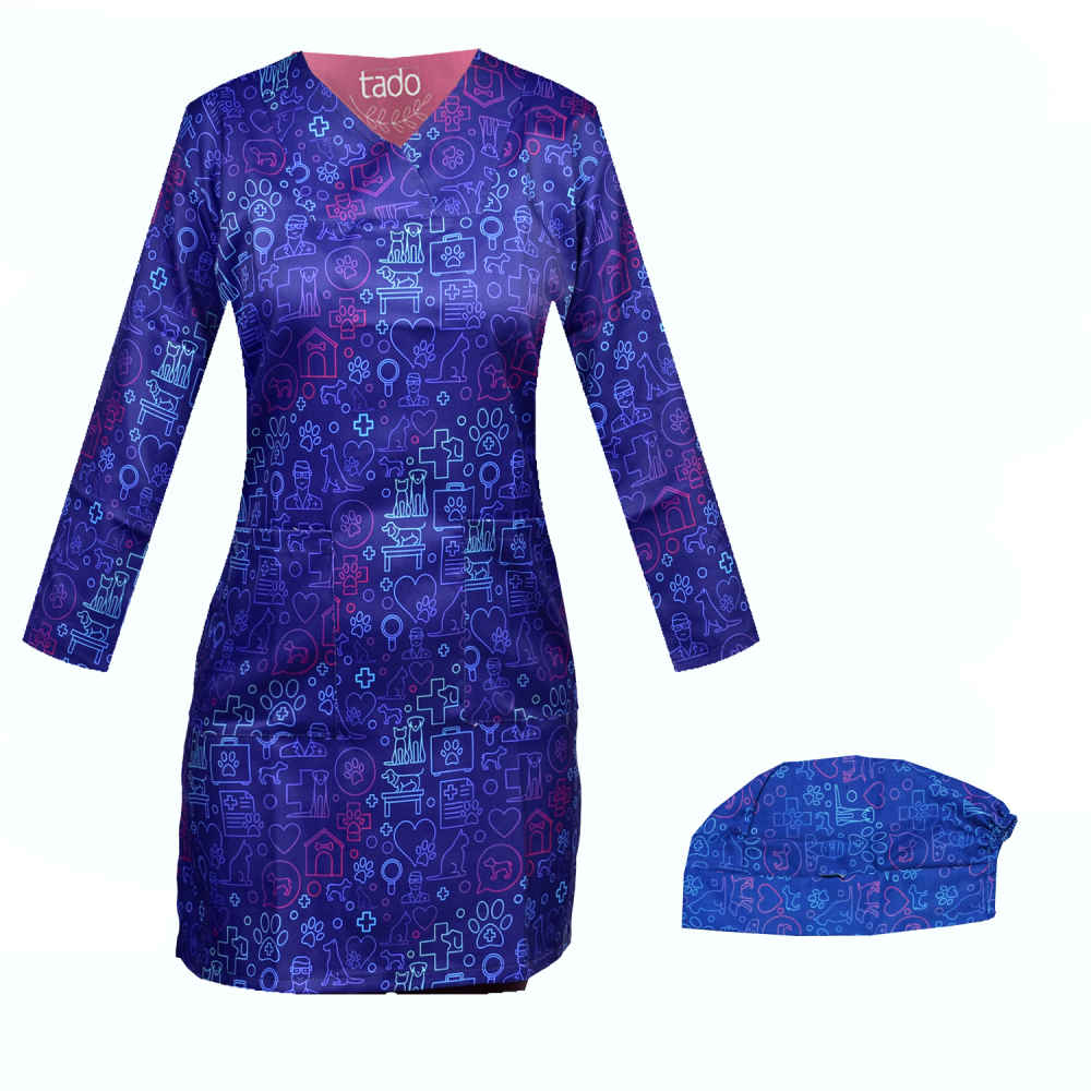 Blouse vétérinaire bleue pour femme et ensemble de bonnet – Professionnel et coordonné