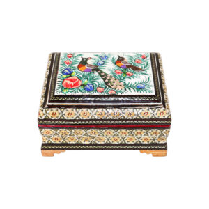 Boîte à bijoux en bois artisanale avec motif d’oiseaux persan Khatam