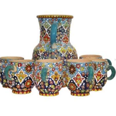 Ensemble Pichet et Tasses en Poterie Persane Fait Main – Émaillé Minakari Roya